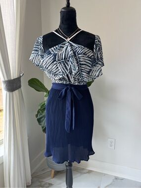 Zara Anos Navy Pleated Tie-Waist Dress